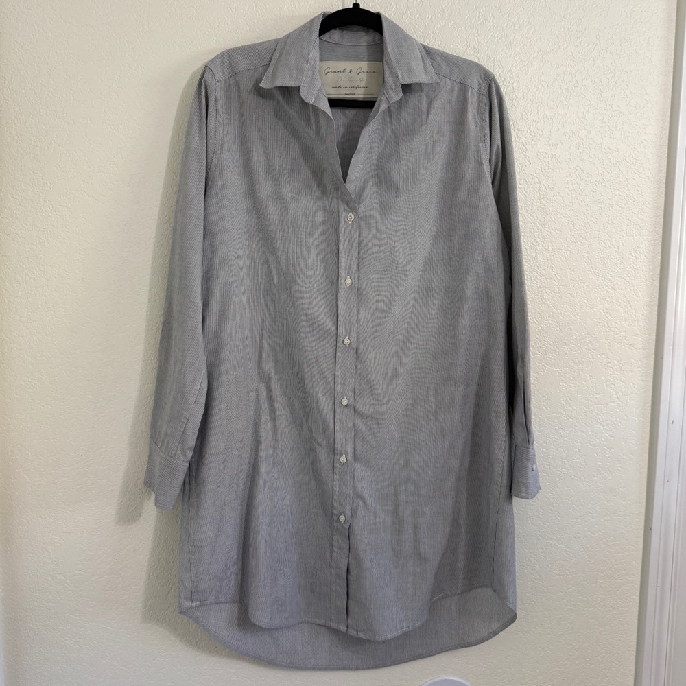 Grant & Grace The Amalfi Blue White Striped Button Down Shirt Dress MEDIUM